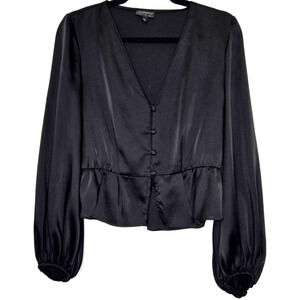 Topshop Womens Peplum Satin Top 4 Black V Neck Button Up Balloon Sleeve Blouse